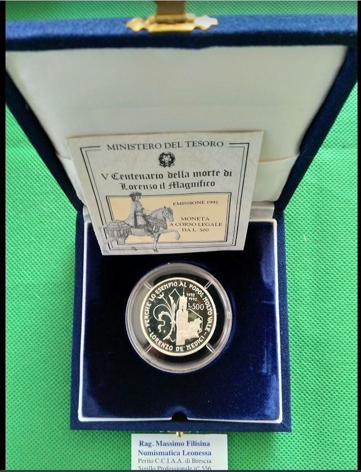 NL* ITALIA 500 Lire Argento 1992 LORENZO IL MAGNIFICO PROOF SET Originale Zecca