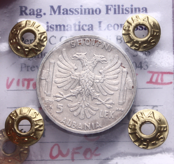 NL* VEIII ALBANIA 5 LEK Argento 1939 XVII QFDC Perizia Filisina Massimo