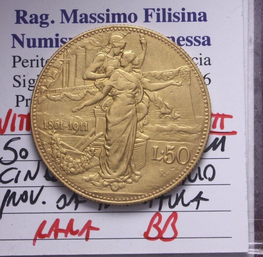 NL* VEIII ITALIA 50 Lire ORO 1911 CINQUANTENARIO RARA BB Perizia Filisina M