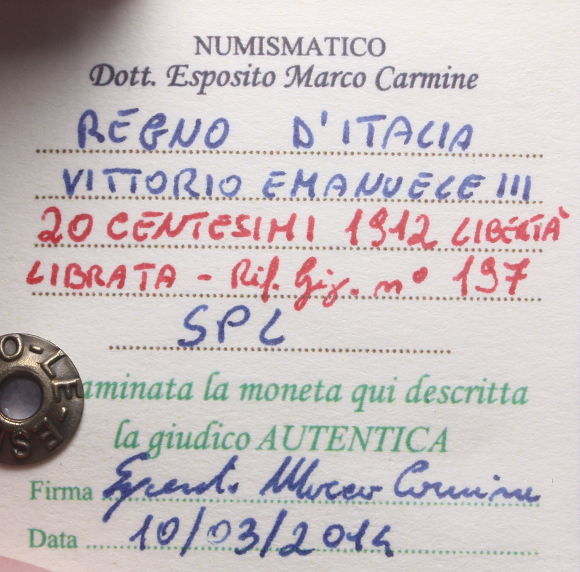 NL* VEIII ITALIA 20 CENTESIMI 1912 DONNA LIBRATA SPL Perizia Esposito Marco
