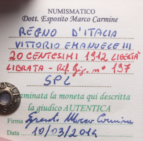 NL* VEIII ITALIA 20 CENTESIMI 1912 DONNA LIBRATA SPL Perizia Esposito Marco