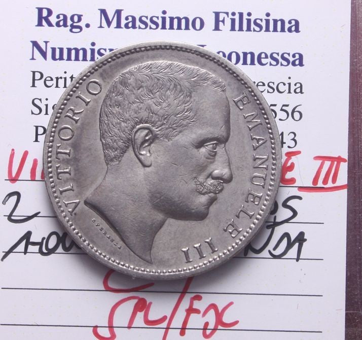 NL* VEIII 2 LIRE ARGENTO AQUILA SABAUDA 1905 SPL/FDC Perizia Filisina Massimo