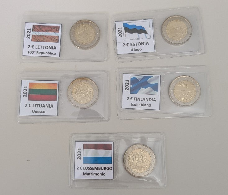 NL* EUROPA Lotto 5 MONETE da 2 EURO 2021 LVA EST LTU FIN LUX fdc come da foto