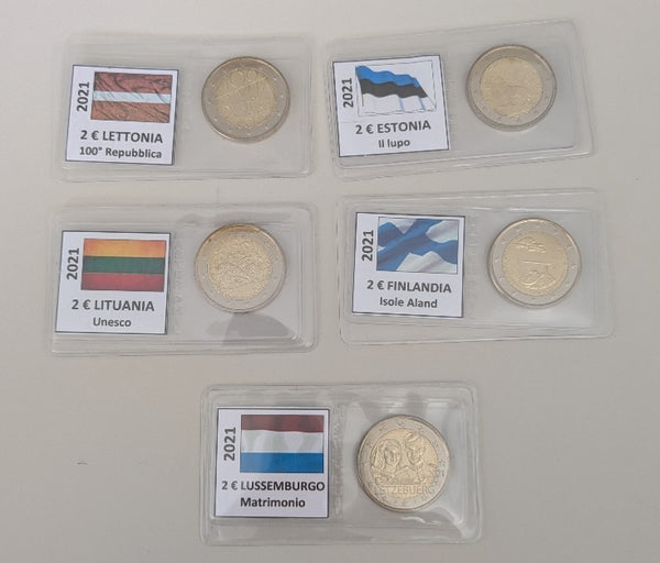 NL* EUROPA Lotto 5 MONETE da 2 EURO 2021 LVA EST LTU FIN LUX fdc come da foto