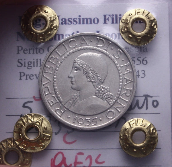 NL* SAN MARINO 5 Lire ARGENTO 1935 Roma QFDC Perizia Filisina Massimo