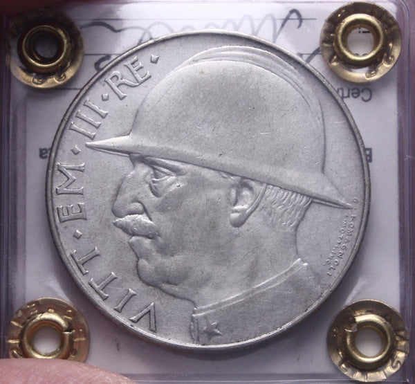 NL* VEIII 20 LIRE ARGENTO 1928 ELMETTO o CAPPELLONE BB COLPETTO Perizia Filisina