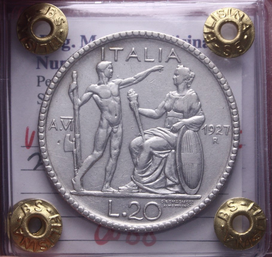 NL* VEIII 20 LIRE ARGENTO 1927 LITTORE NC Q.BB Perizia Filisina Massimo