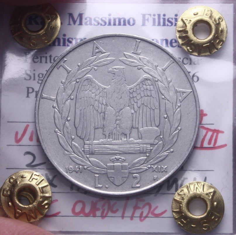 NL* VEIII ITALIA 2 LIRE IMPERO 1941 XIX MAGNETICA QFDC/FDC Perizia Filisina