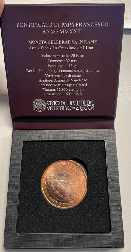 NL* VATICANO FRANCESCO 20 EURO Rame 2023 ARTE e FEDE LA CREAZIONE DELL'UOMO FDC