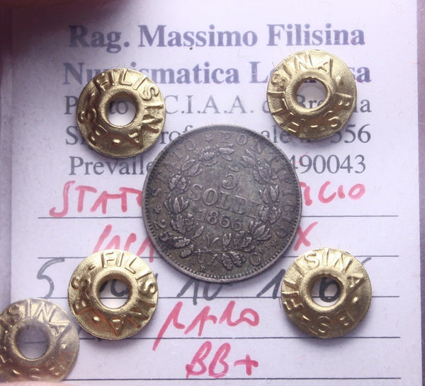 NL* STATO PONTIFICIO PAPA PIO IX 5 SOLDI Argento 1866 XXI RARO BB+ Filisina