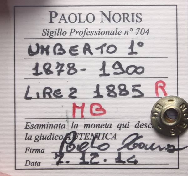 NL* UMBERTO I 2 LIRE ARGENTO 1885 ROMA MB Perizia Noris Paolo