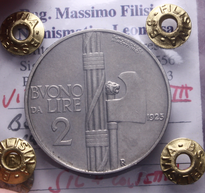 NL* VEIII Italia BUONO 2 LIRE FASCIO 1925 SPL+ COLPETTINO Perizia Filisina