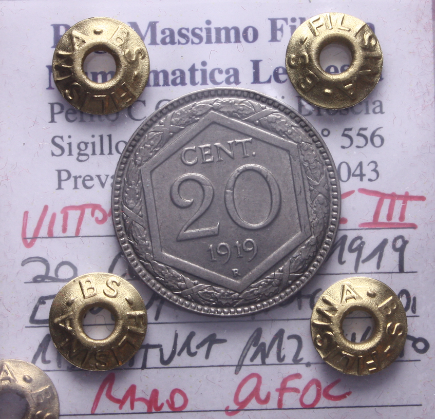 NL* VEIII ITALIA 20 CENTESIMI ESAGONO 1919 C. RIGATO RARA QFDC Perizia Filisina