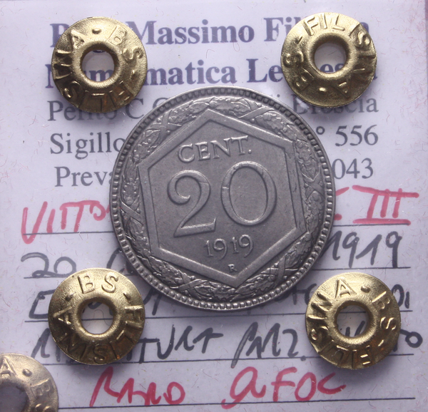 NL* VEIII ITALIA 20 CENTESIMI ESAGONO 1919 C. RIGATO RARA QFDC Perizia Filisina