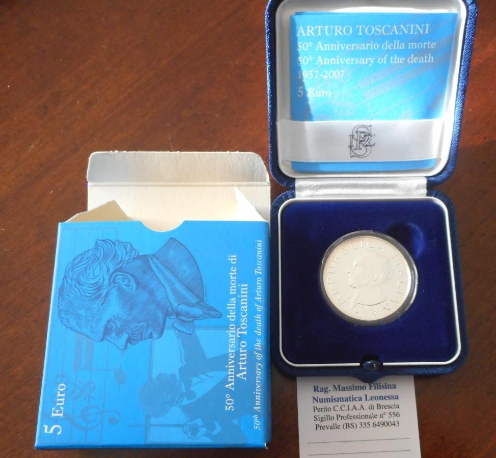 NL* ITALIA REPUBBLICA 5 Euro ARGENTO 2007 ARTURO TOSCANINI FDC set ZECCA