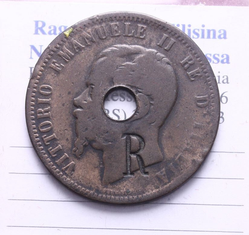 NL* VEII ITALIA 10 CENTESIMI RAME 1866 Napoli ALLEGORICA BUCATA con R vedi foto