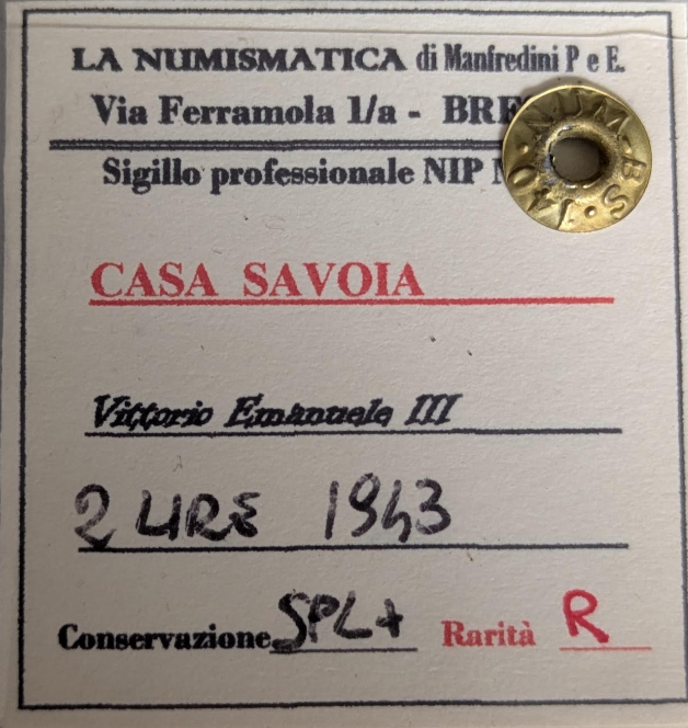 NL* VEIII 2 LIRE IMPERO 1943 XX1 RARA SPL+ Perizia Manfredini Paolo