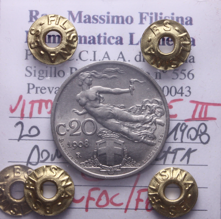 NL* VEIII ITALIA 20 CENTESIMI 1908 DONNA LIBRATA QFDC/FDC Perizia Filisina