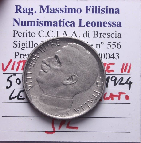 NL* VEIII 50 Centesimi Leoni 1924 Contorno RIGATO R2 SPL Perizia Filisina M.