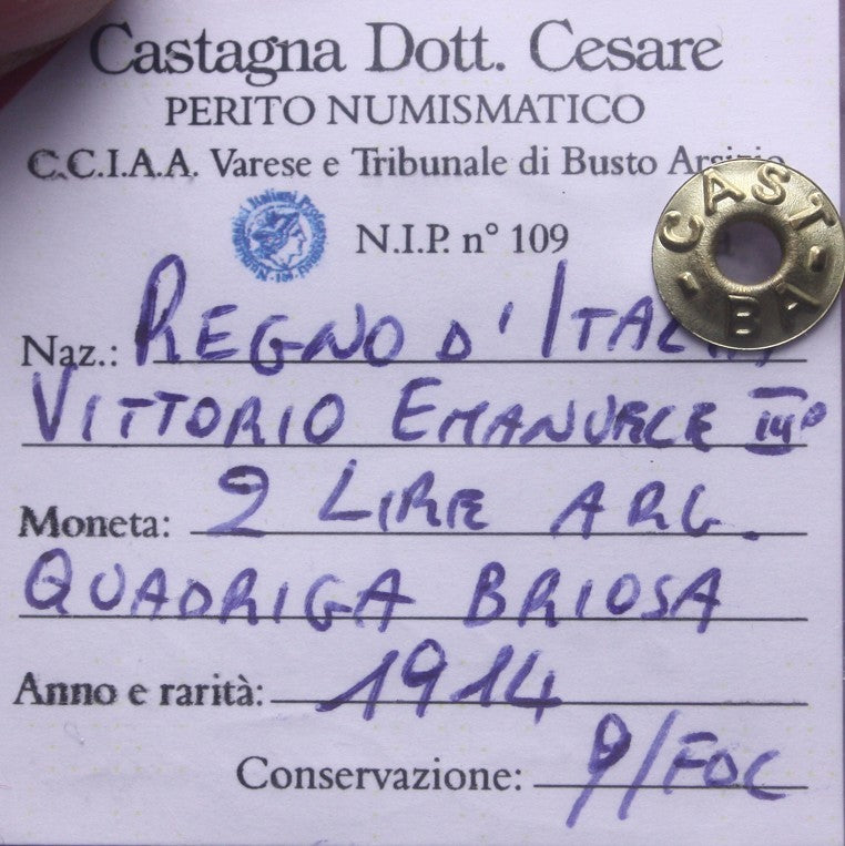 NL* VEIII Italia 2 LIRE ARGENTO 1914 QUADRIGA BRIOSA QFDC Perizia Castagna