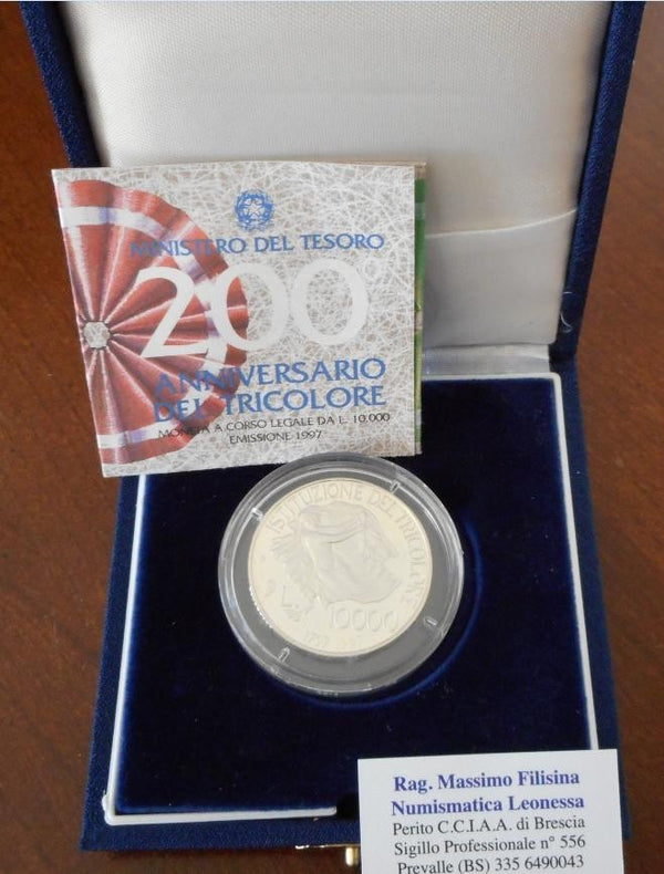NL* ITALIA 10000 Lire Argento 1997 ANNIVERSARIO TRICOLORE PROOF set zecca