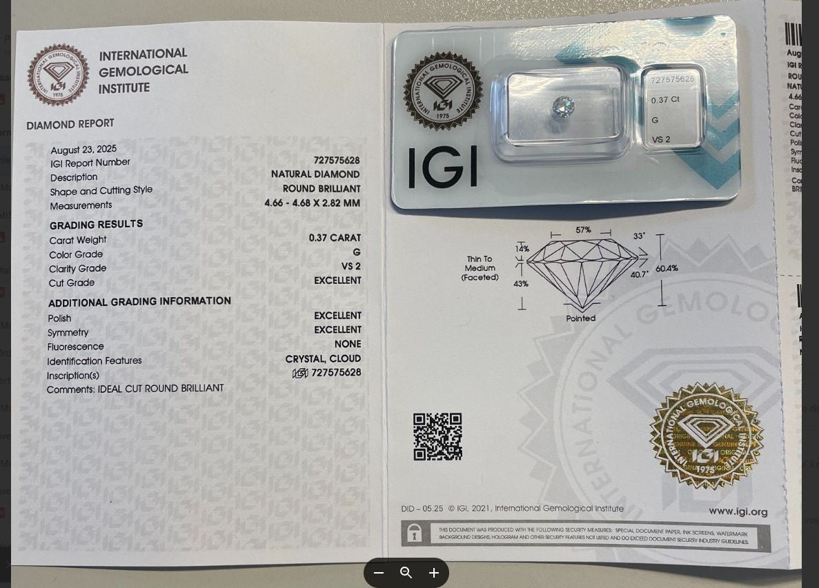 NL* DIAMANTE NATURALE Certificato IGI 0.37 CARATI Colore G VVS 2 Tripla EXC