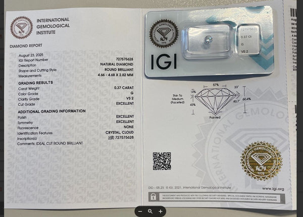 NL* DIAMANTE NATURALE Certificato IGI 0.37 CARATI Colore G VVS 2 Tripla EXC
