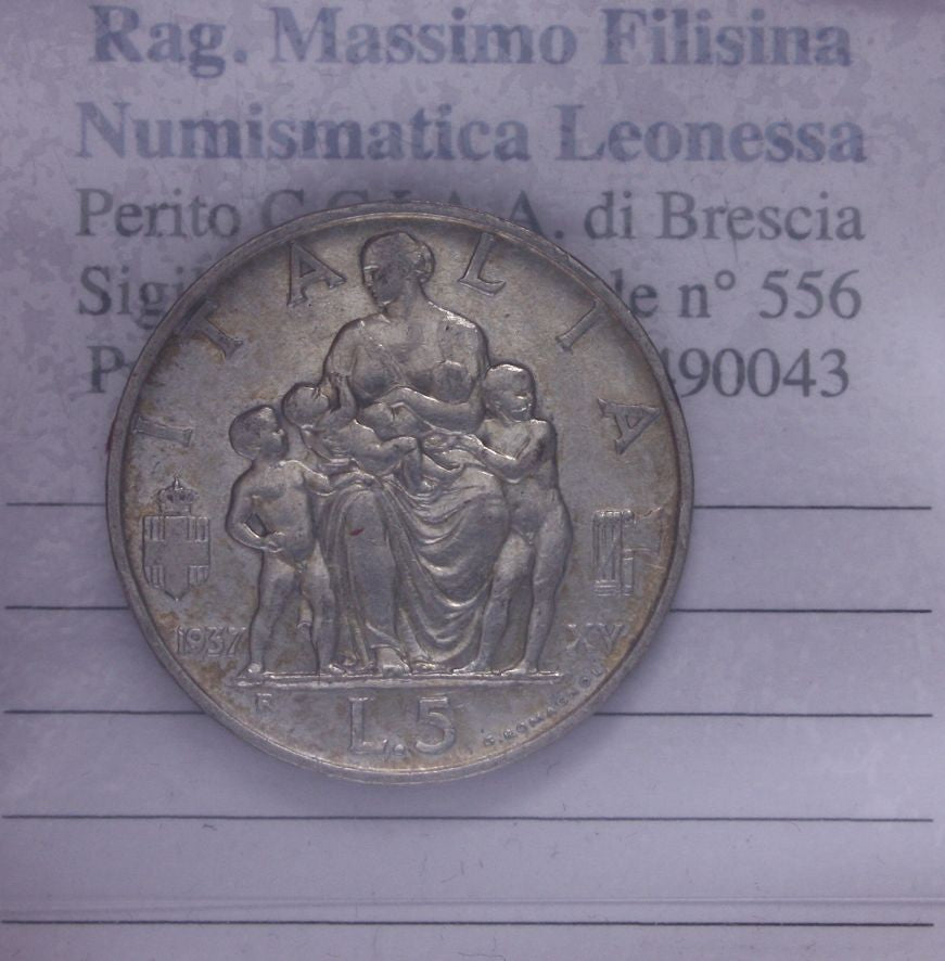 NL* VEIII 5 LIRE ARGENTO FECONDITA' 1937 XV RARA Eccellente conservazione