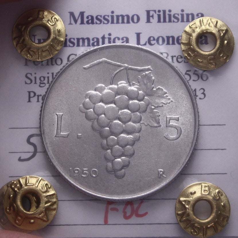 NL* Italia Repubblica 5 LIRE ITALMA UVA 1950 FDC Perizia Filisina Massimo * 2