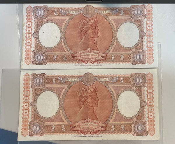 NL*ITALIA 2 Banconote 10000 Lire REP. MARINARE 21 11 1955 SERIALI CONSECUTIVI RR