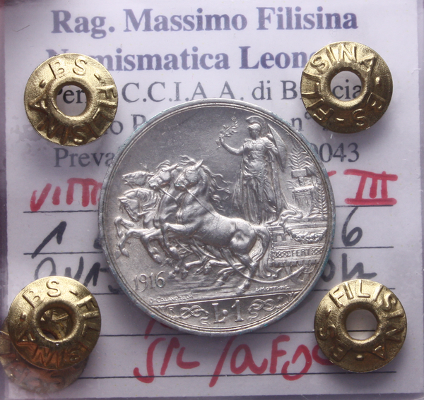 NL* VEIII 1 LIRA ARGENTO 1916 QUADRIOGA BRIOSA RARA SPL/QFDC Perizia Filisina