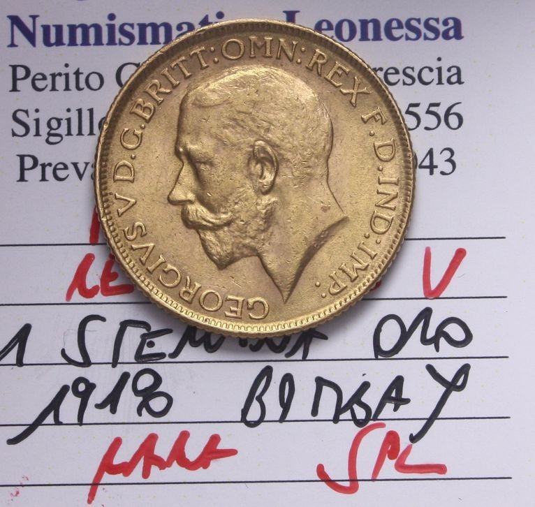 NL* INDIA RE GIORGIO V Sterlina Oro GOLD SOVEREIGN 1918 SPL Perizia Filisina M
