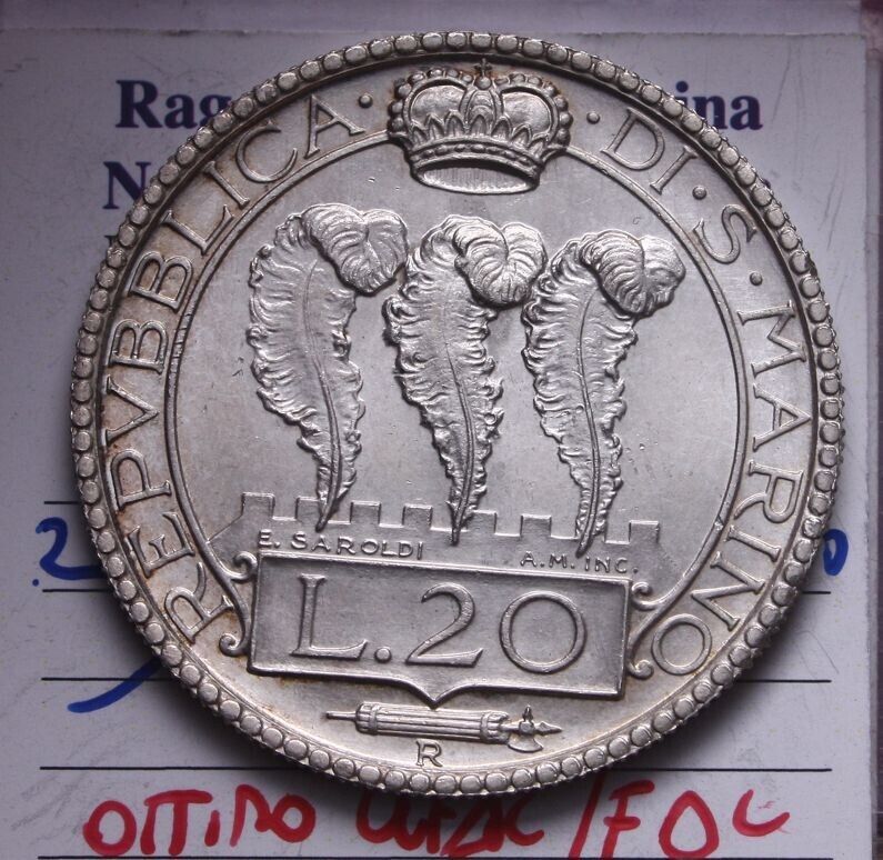 NL* SAN MARINO 20 Lire SILVER 1931 Rome VERY FINE/UNCIRCULATED FILISINA appraisal M