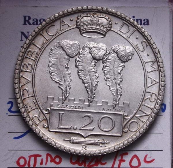 NL* SAN MARINO 20 Lire SILVER 1931 Rome VERY FINE/UNCIRCULATED FILISINA appraisal M