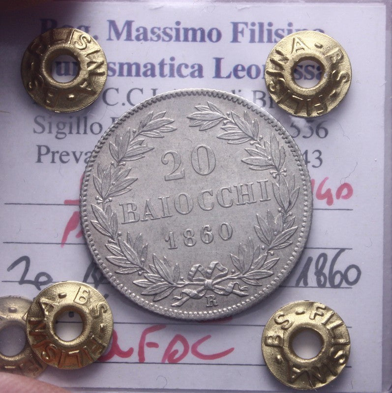 NL* Stato Pontificio PIO IX 20 BAIOCCHI ARGENTO 1860 XIV QFDC Perizia Filisina M