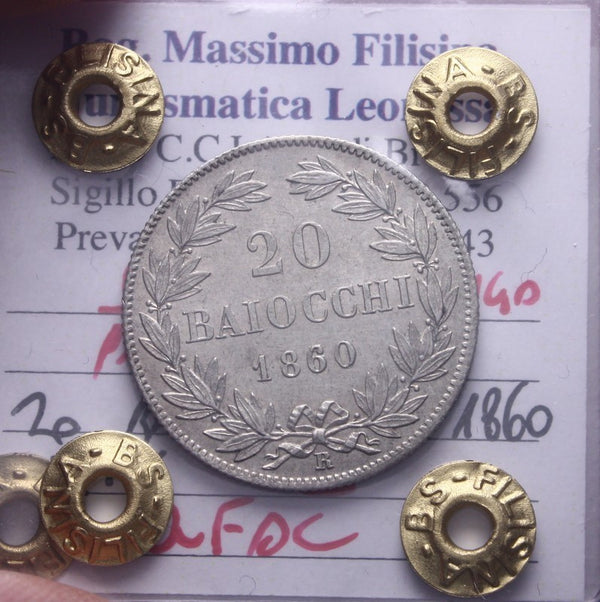 NL* Stato Pontificio PIO IX 20 BAIOCCHI ARGENTO 1860 XIV QFDC Perizia Filisina M