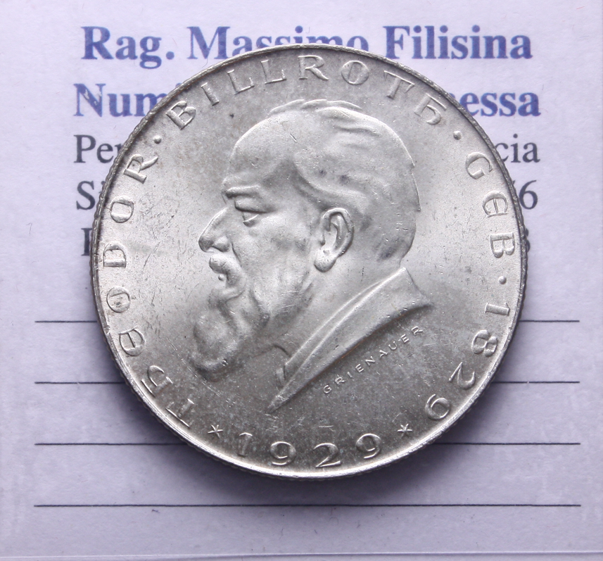 NL* AUSTRIA 2 SCHILLING Argento 1929 THEODOR BILLROTH come da foto