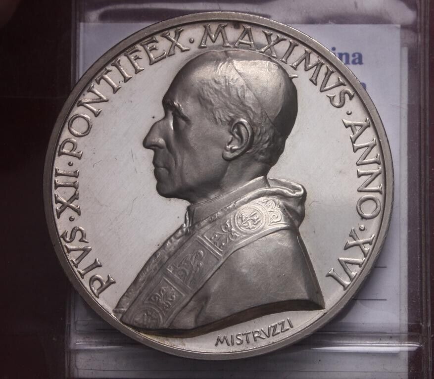 NL* ROMA PIO XII Medaglia Argento 1954 XVI PAPA IN GINOCCHIO ALLA MADONNA