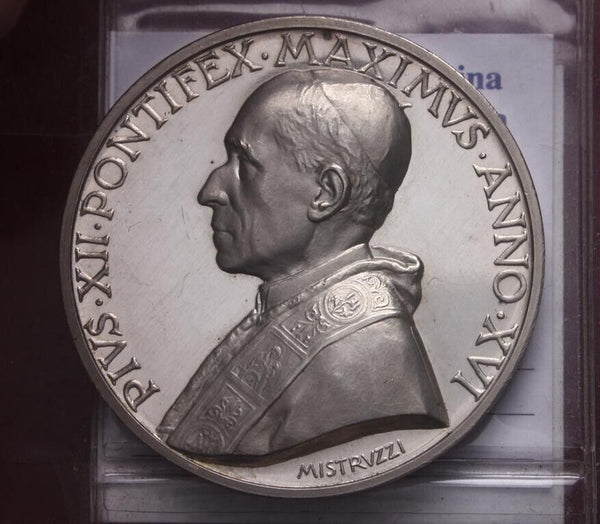 NL* ROME PIUS XII Silver Medal 1954 XVI POPE KNEELING TO THE MADONNA