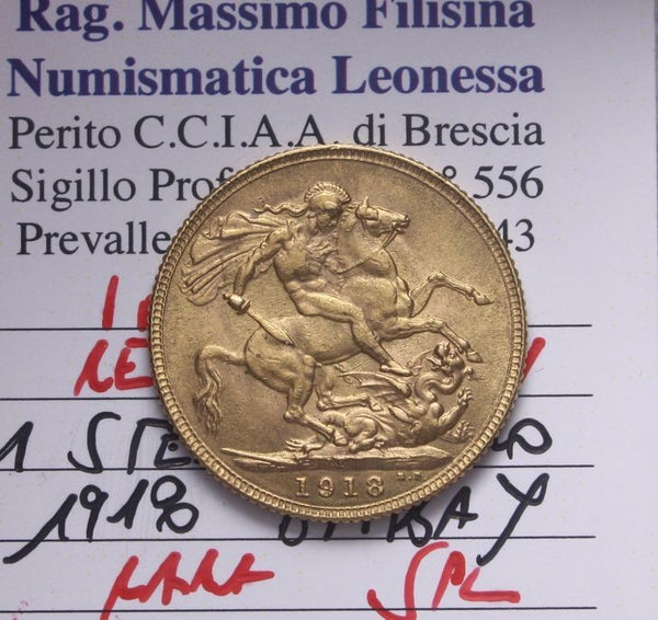 NL* INDIA RE GIORGIO V Sterlina Oro GOLD SOVEREIGN 1918 SPL Perizia Filisina M