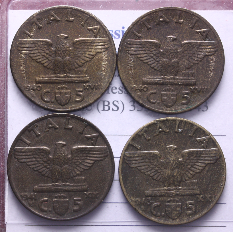 NL* VEIII Lotto 4 pezzi 5 CENTESIMI Bronzital IMPERO 1940 40 41 43 come da foto