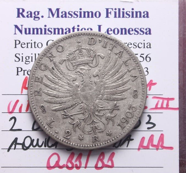 NL* VEIII 2 LIRE ARGENTO 1903 AQUILA Sabauda RRR R3 Q.BB/BB Perizia Filisina M