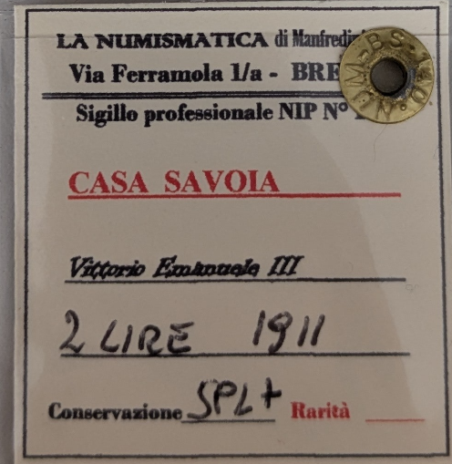NL* VEIII RE D'ITALIA 2 Lire ARGENTO 1911 CINQUANTENARIO SPL+ Perizia Manfredini