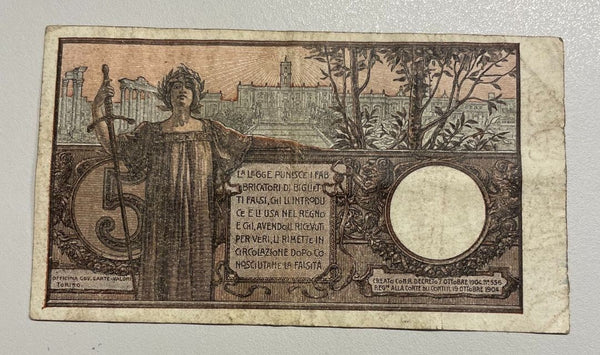 NL* VEIII BIGLIETTO DI STATO da 5 LIRE FLOREALE 8 Novembre 1904 RARA molto bella