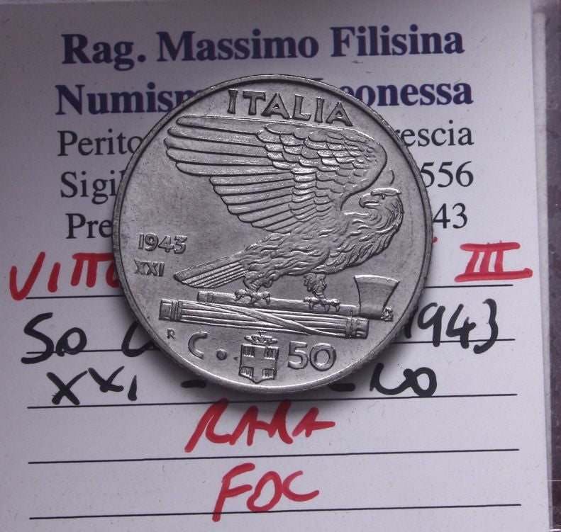 NL* VEIII ITALIA 50 CENTESIMI Impero 1943 XXI RARA FDC Perizia Filisina Massimo