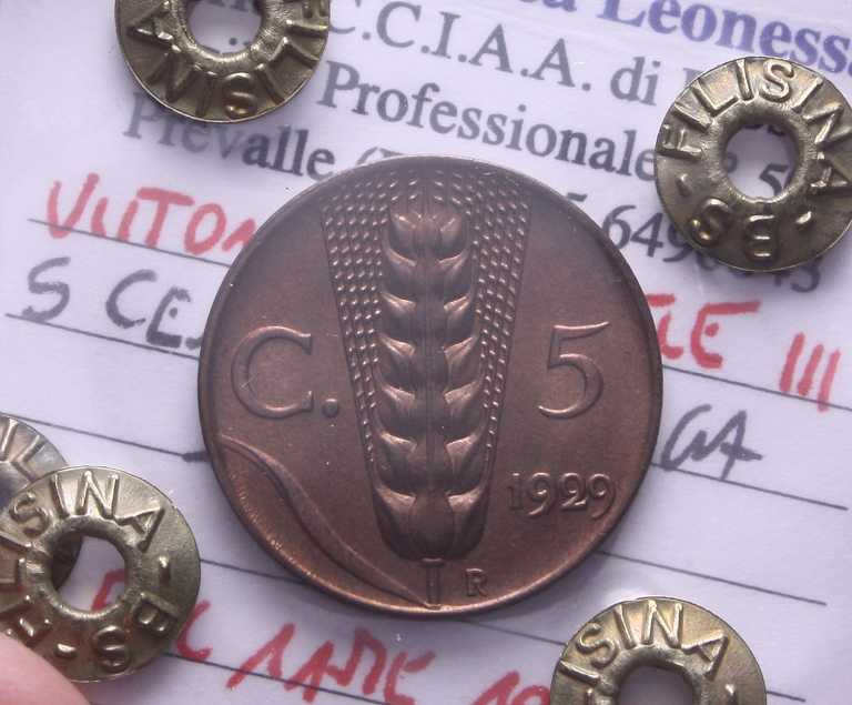 NL*VEIII Italia 5 CENTESIMI SPIGA 1929 FDC RAME ROSSO Perizia Filisina Massimo *