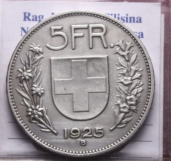 EN* SWITZERLAND HELVETIA 5 FRANCS SILVER 1925 BERN RARE excellent condition