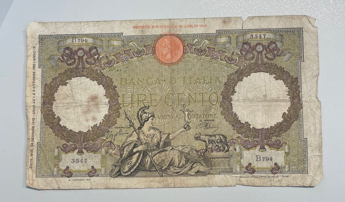 NL* BANCA D'ITALIA Banconota 100 LIRE ROMA GUERRIERA 24 GENNAIO 1942 B794