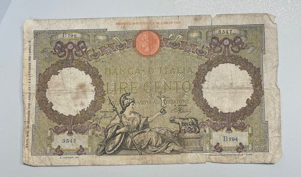 NL* BANCA D'ITALIA Banconota 100 LIRE ROMA GUERRIERA 24 GENNAIO 1942 B794