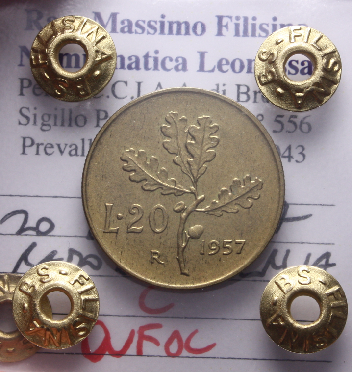 NL* Italia Repubblica 20 LIRE BRONZITAL 1957 QFDC Perizia Filisina Massimo